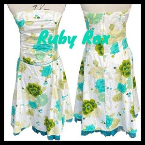 Ruby Rox White/Teal/Green Floral Cotton Strapless Crinoline A-Line Dress (M)